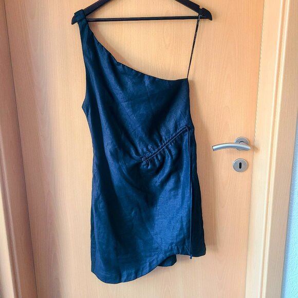 Aulieude Black Linen One Shoulder Mini Dress AU Size 10 - Picture 1 of 7